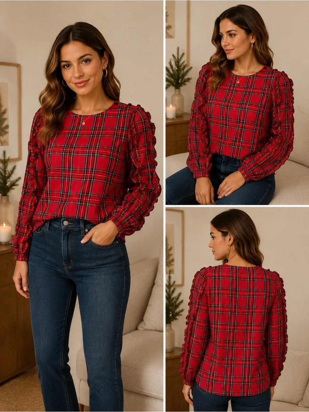 J.Crew Red Tartan Plaid Ruffle Sleeve Cotton Blouse Medium Holiday Preppy Top
